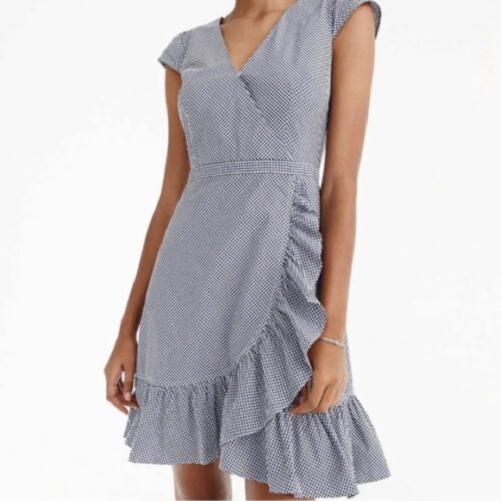 J CREW GINGHAM FAUX WRAP Mini Cotton Poplin Lined Ruffle Dress